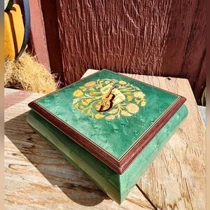 Vintage MCM SWISS Reuge Wooden Brass Jewelry Music Box plays "Edelweiss"